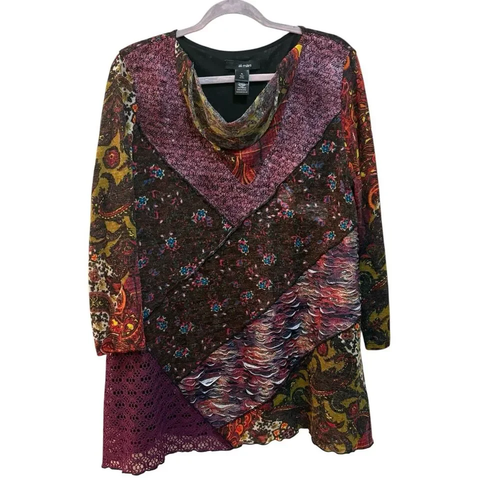 Ali Miles Tunic Blouse Womens XL Multicolor Paisley Cowl Neck Long Sleeve Top